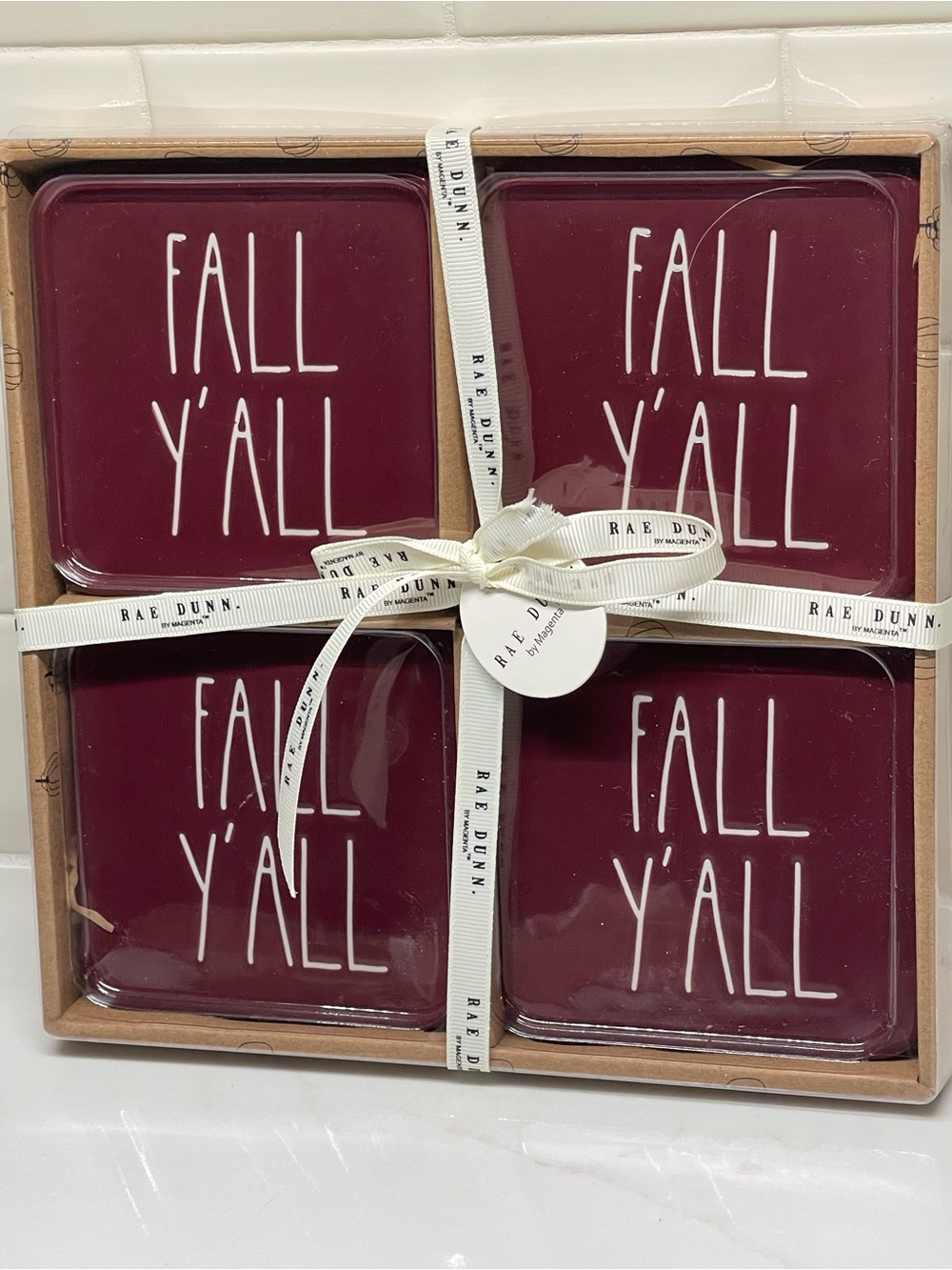 Rae Dunn 'Fall Y'All' Maroon Ceramic Coaster Set - 4 Pack New in Box